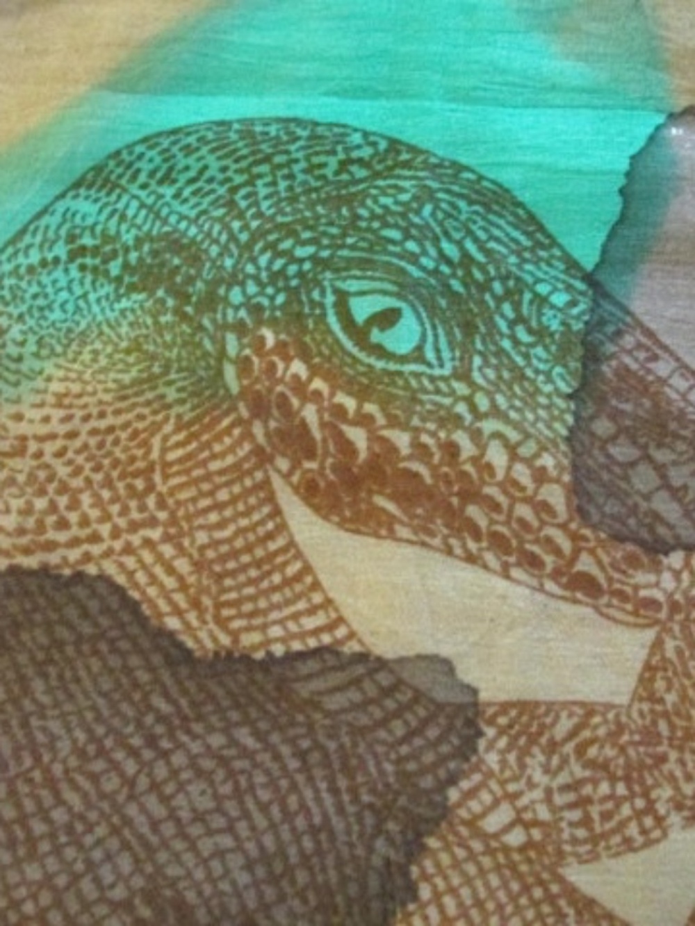 Green Olive Sheer Silk Scarf with Dinosaurs - Picture 5 of 6